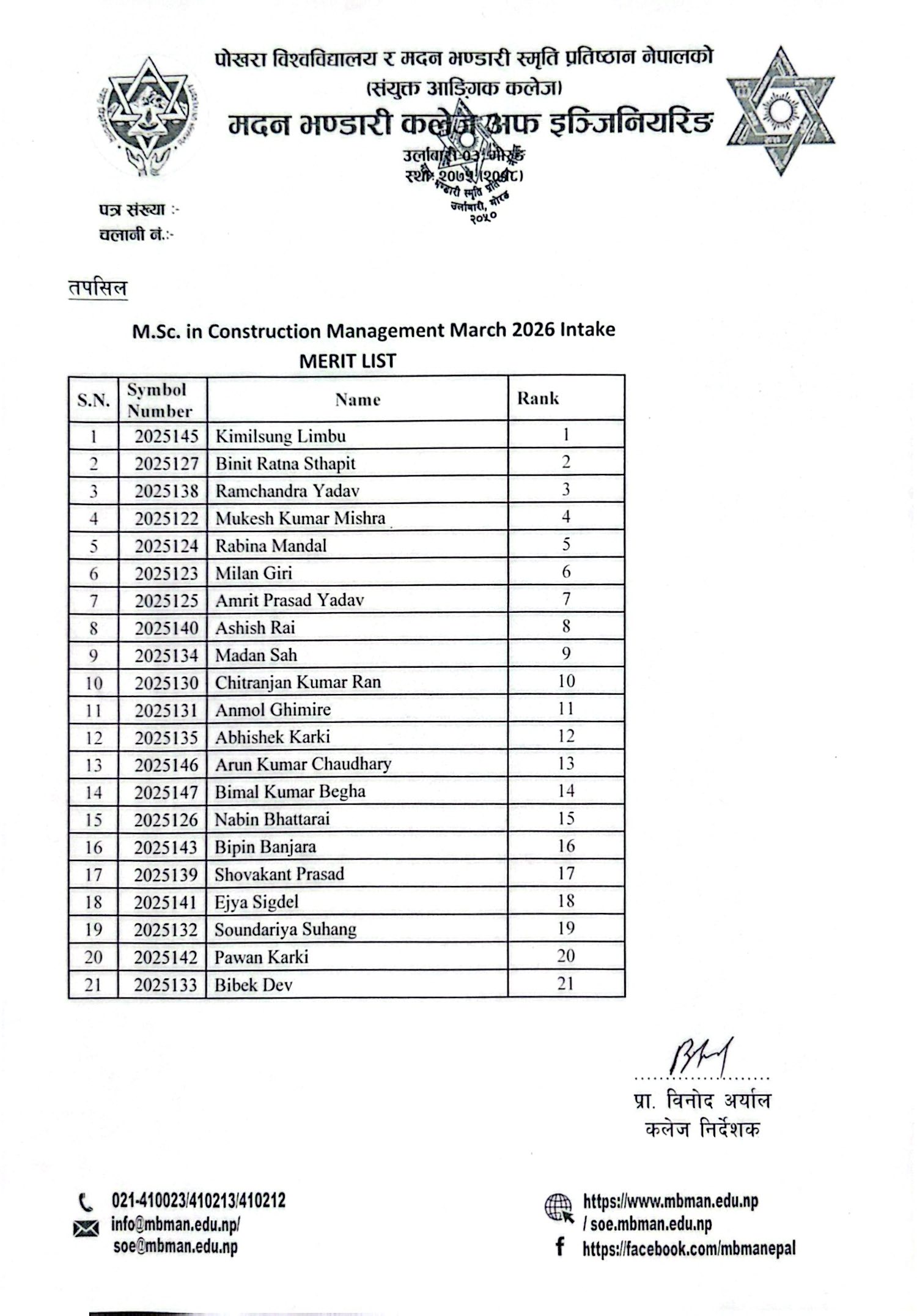 Merit List of M.Sc. in Construction Management 2026 March Intake